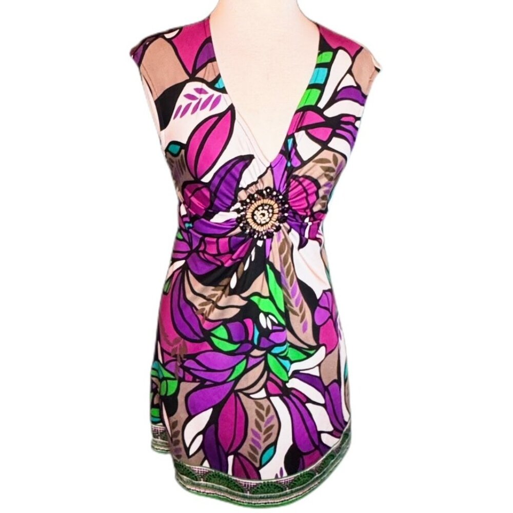 ECI MSRP $92 Floral Coloful Summer Dress Sleeveless Mini Dress Beaded Ruched